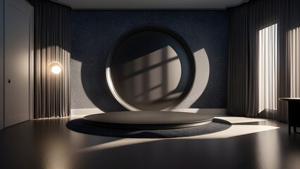 Round metal podium on luxury minimalistic modern background with a circle on top Perfect platform for showing your products with copy space generative ai Three dimensional illustration