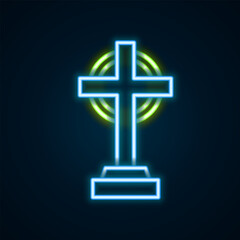 Obraz premium Glowing neon line Tombstone with cross icon isolated on black background. Grave icon. Happy Halloween party. Colorful outline concept. Vector