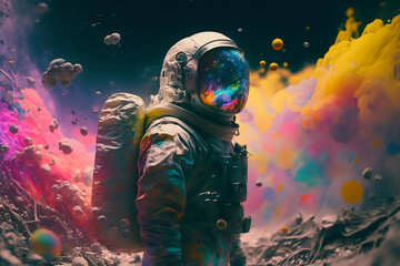 Astronaut surrounded by a vivid color bomb explosion background, ultra-realistic rendering, ideal for colorful wall art, home d&eacute;cor, and gifts for animal lovers. Generative AI