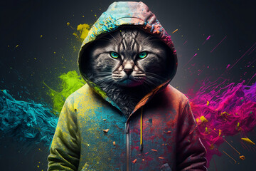 Cat in a scratchy hoody surrounded by a vivid color bomb explosion background, ultra-realistic rendering, ideal for colorful wall art, home décor, and gifts for animal lovers. Generative AI