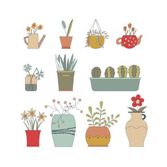 Set of different hand drawn house plants. Flowers in pots painted. Flower for your design template, icon. Hand-drawn. Flat design. Vector illustration.