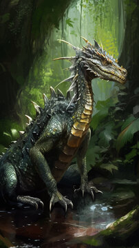 Fantasy dragon in the jungle. Full body. Monster. Ancient reptile. Vector illustration. 3D Digital painting