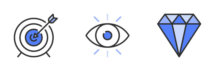 Blue line icons about mission, vision and value on transparent background. Business concept. Dartboard, eye and diamond.