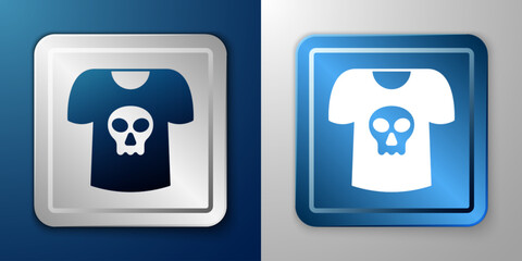 White Shirt with skull icon isolated on blue and grey background. Happy Halloween party. Silver and blue square button. Vector