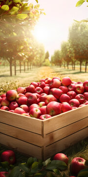 apple orchard. a wooden box of  apples. Ai generative