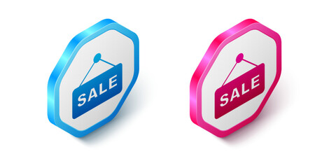 Isometric Hanging sign with text Sale icon isolated on white background. Signboard with text Sale. Hexagon button. Vector