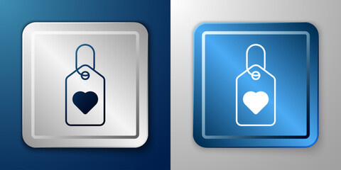 White Heart tag icon isolated on blue and grey background. Love symbol. Valentine day symbol. Silver and blue square button. Vector