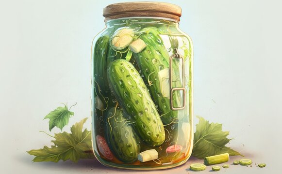 drawn cucumber or pickles jar on white background watercolor vegetables organic food illustrations Generative AI
