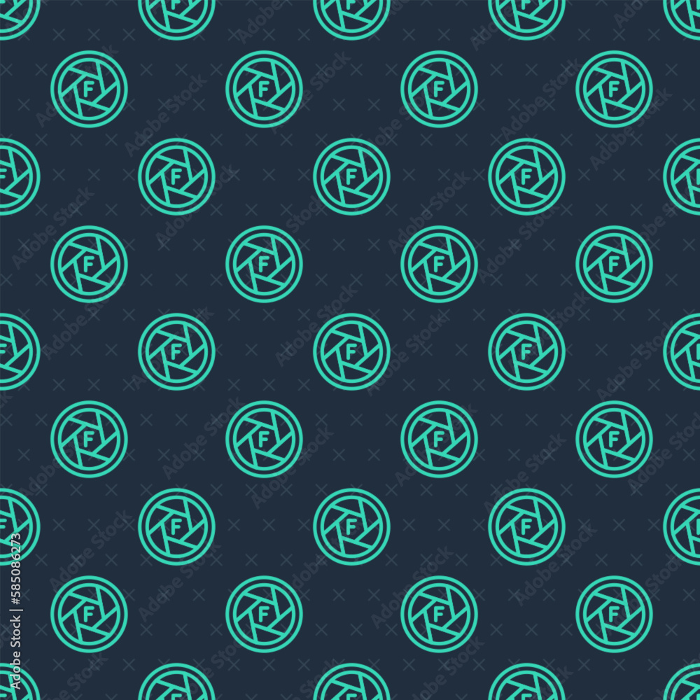 Poster green line camera shutter icon isolated seamless pattern on blue background. vector