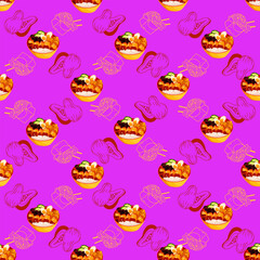 Chinese food seamless pattern. Hand drawn different types of asian food in wooden steamers repeating background. Tasty chinese food, delicious har gao, sticky rice, rolls.