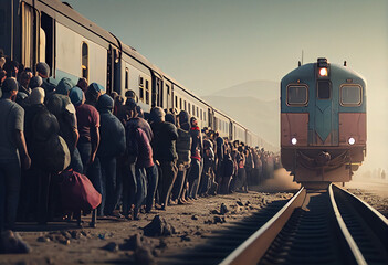 Crowd of refugee people goes rail road train in a line and a humanitarian disaster zone to cross the border into another country. Generative AI