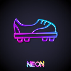 Glowing neon line Football shoes icon isolated on black background. Soccer boots. Sport football foot protection. Vector