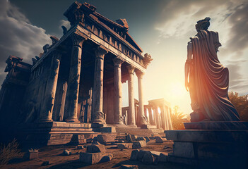 Ancient greek civilization, ancient greek temple ruins with female goddess statue with clouds and sun ray. Generative AI - obrazy, fototapety, plakaty