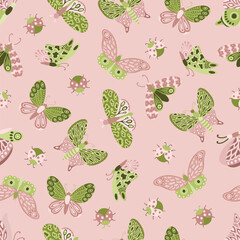 Floral seamless pattern with decorative flowers, leaves and butterfly. For fashion fabrics, children s clothing, T-shirts, postcards, templates and scrapbooking.