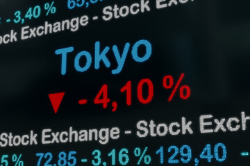 Fototapeta na wymiar Tokyo stock exchange moving down. Japan, Tokyo negative stock market data on a trading screen. Red percentage sign and ticker information. Stock exchange and business concept. 3D illustration