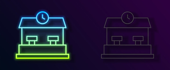 Glowing neon line Railway station icon isolated on black background. Vector