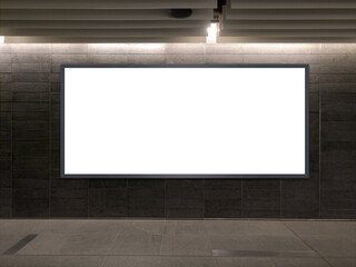 Horizontal blank advertising banners posters mockup in underground tunnel walkway; out-of-home OOH media display space, lightbox; 12 sheet template