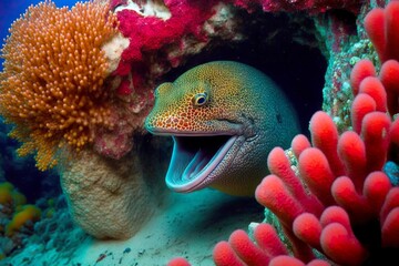 Head of frightening moray eel sitting in bright red orange reefs, created with generative ai