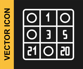 White line Bingo card with lucky numbers icon isolated on black background. Vector