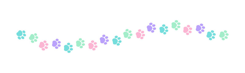 Fototapeta premium Cute pastel footprints of pets, dog or cat separator border. Paw print pattern, animal track walking vector illustration design element.