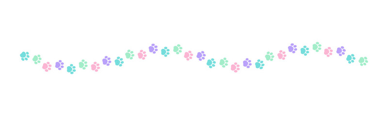 Cute pastel footprints of pets, dog or cat separator border. Paw print pattern, animal track walking vector illustration design element.