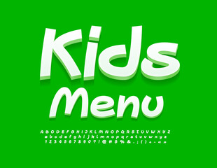 Naklejka premium Vector bright sign Kids Menu. White Ccreative Font. Modern 3D Alphabet Letters and Numbers 