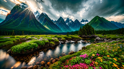 Cloudy Sky Mountains river Lake landscape design illustration. ai generated for children's books, story, illustrations, fairytales