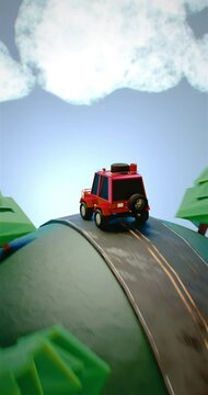 Vertical video, seamless loop - low poly cartoon red SUV camper driving through a forest road. Travel concept
