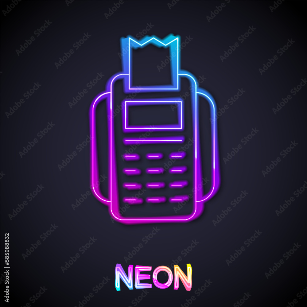 Poster glowing neon line pos terminal with inserted credit card and printed reciept icon isolated on black 