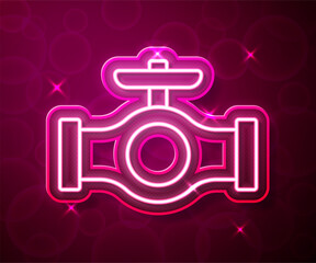Glowing neon line Oil pipe with valve icon isolated on red background. Vector