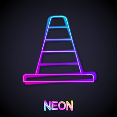Glowing neon line Traffic cone icon isolated on black background. Vector