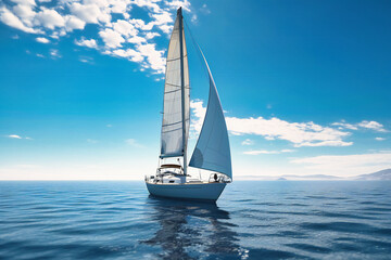 Fototapeta na wymiar A sailboat cruising across a bright blue sea under a clear sky