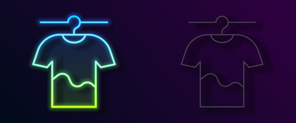 Glowing neon line Drying clothes icon isolated on black background. Clean shirt. Wash clothes on a rope with clothespins. Clothing care and tidiness. Vector