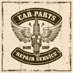 Spark plug with wings vector emblem, logo, badge, label, sticker in vintage style on grunge textures background - obrazy, fototapety, plakaty