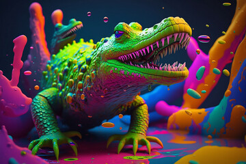 Crocodiles surrounded by a vivid color bomb explosion background, ultra-realistic rendering, ideal for colorful wall art, home décor, and gifts for animal lovers. Generative AI