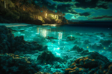 The bioluminescent waters of Puerto Rico provide a surreal summer travel background, where the ocean glows at night with a mystical blue-green light - obrazy, fototapety, plakaty
