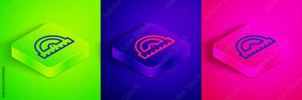 Poster isometric line protractor grid for measuring degrees icon isolated on green, blue and pink backgroun