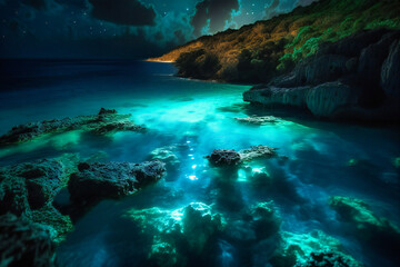 Fototapeta na wymiar The bioluminescent waters of Puerto Rico provide a surreal summer travel background, where the ocean glows at night with a mystical blue-green light