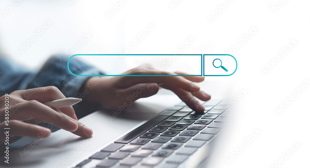 Aufkleber data search technology search engine optimization (seo). woman's hands typing on computer keyboard s