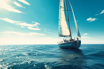 A sailboat cruising across a bright blue sea under a clear sky