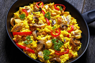 Chicken Paella with mushrooms, red pepper, spices