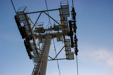 View of a ropeway pole, one of the main components of the structural and functional system of an aerial ropeway.