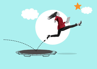Art collage. Success support, businesswoman bounce on trampoline jump flying high to grab star.