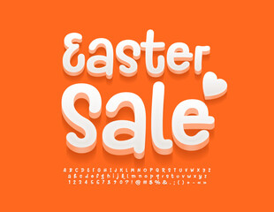 Vector creative emblem Easter Sale. White handwritten 3D Font. Playful style Alphabet Letters and Numbers.