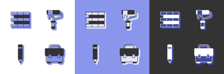 Set Toolbox, Bricks, Pencil with eraser and Paint roller brush icon. Vector