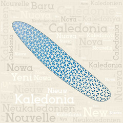 NEW CALEDONIA map design. Country names in different languages and map shape with geometric low poly triangles. Superb vector illustration of New Caledonia.