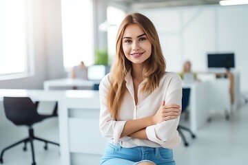 Portrait of smiling  businesswoman in the office looking at the camera. Young entrepreneur. Generative AI