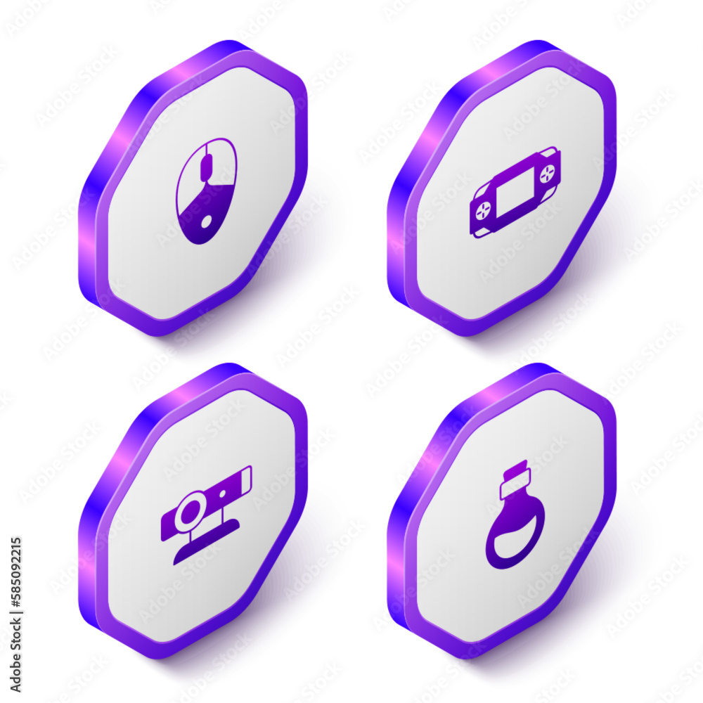 Poster set isometric computer mouse, portable video game console, web camera and bottle with magic elixir i