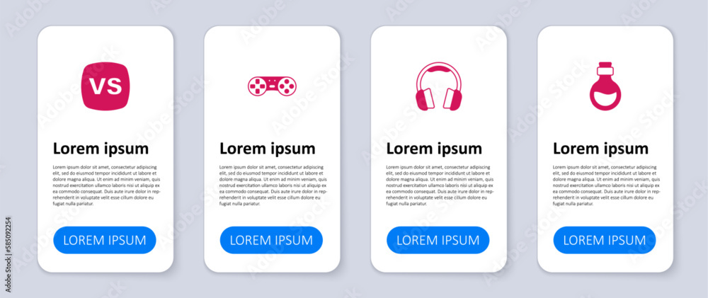 Poster set bottle with magic elixir, headphones, game controller or joystick and vs versus battle. business