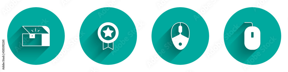 Poster set chest for game, game rating with medal, computer mouse and icon with long shadow. vector